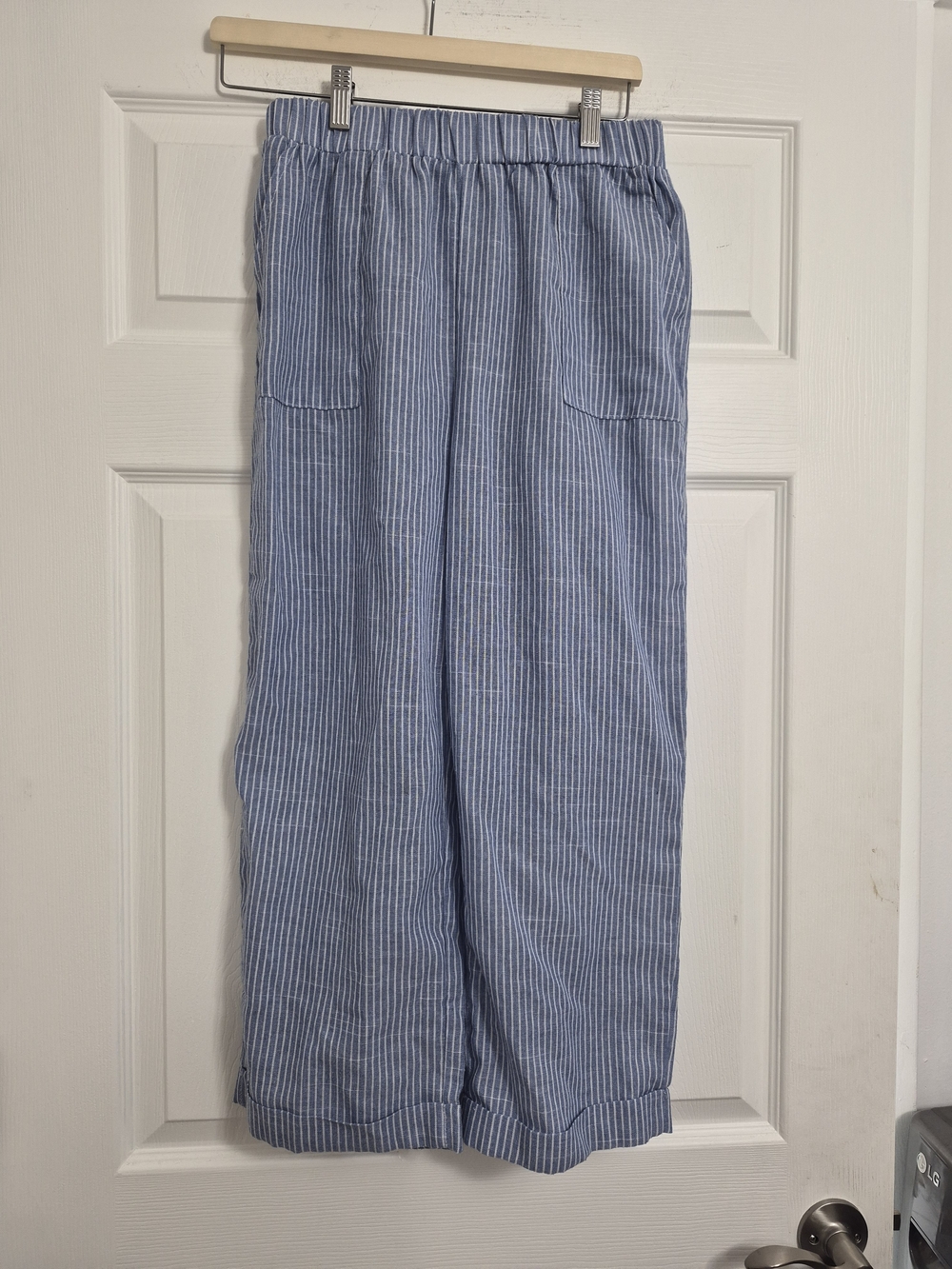 Women's Light Blue Pinstripe Straight-Leg Pants with Elastic Waist